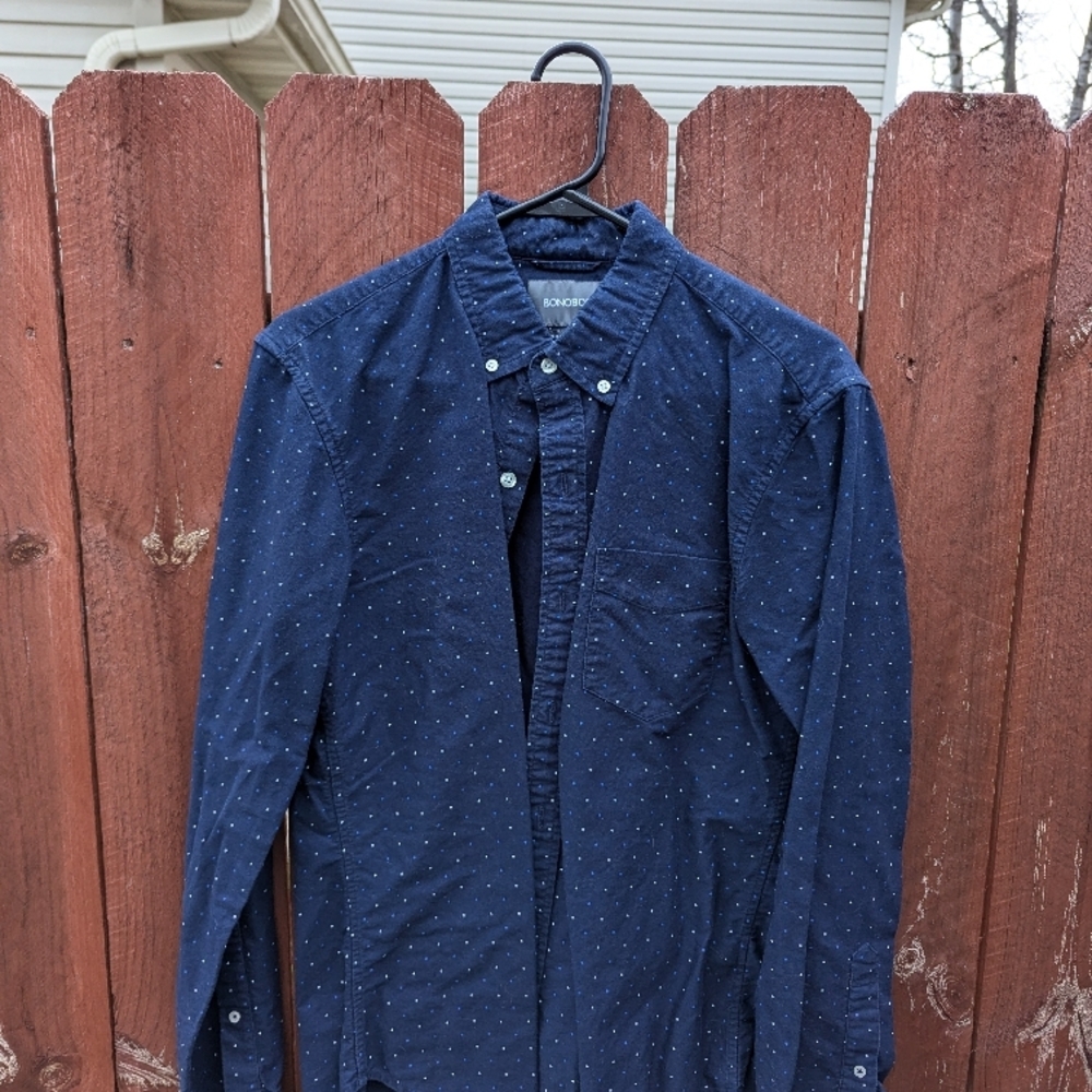 Bonobos Men's Navy Blue Dot Button Down Shirt - Medium - Tailored Slim Fit